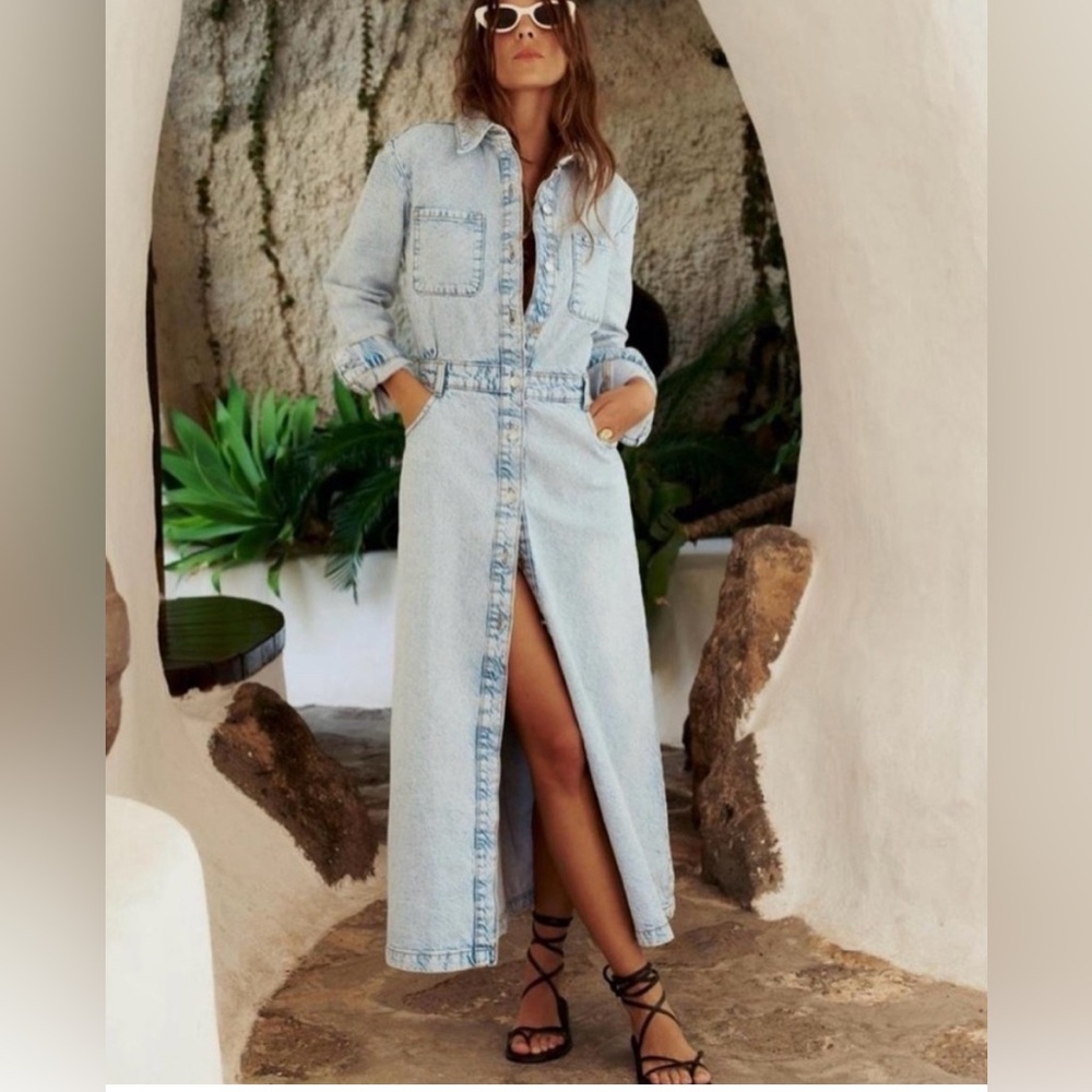 New Zara Light Blue Denim Maxi Midi Dress